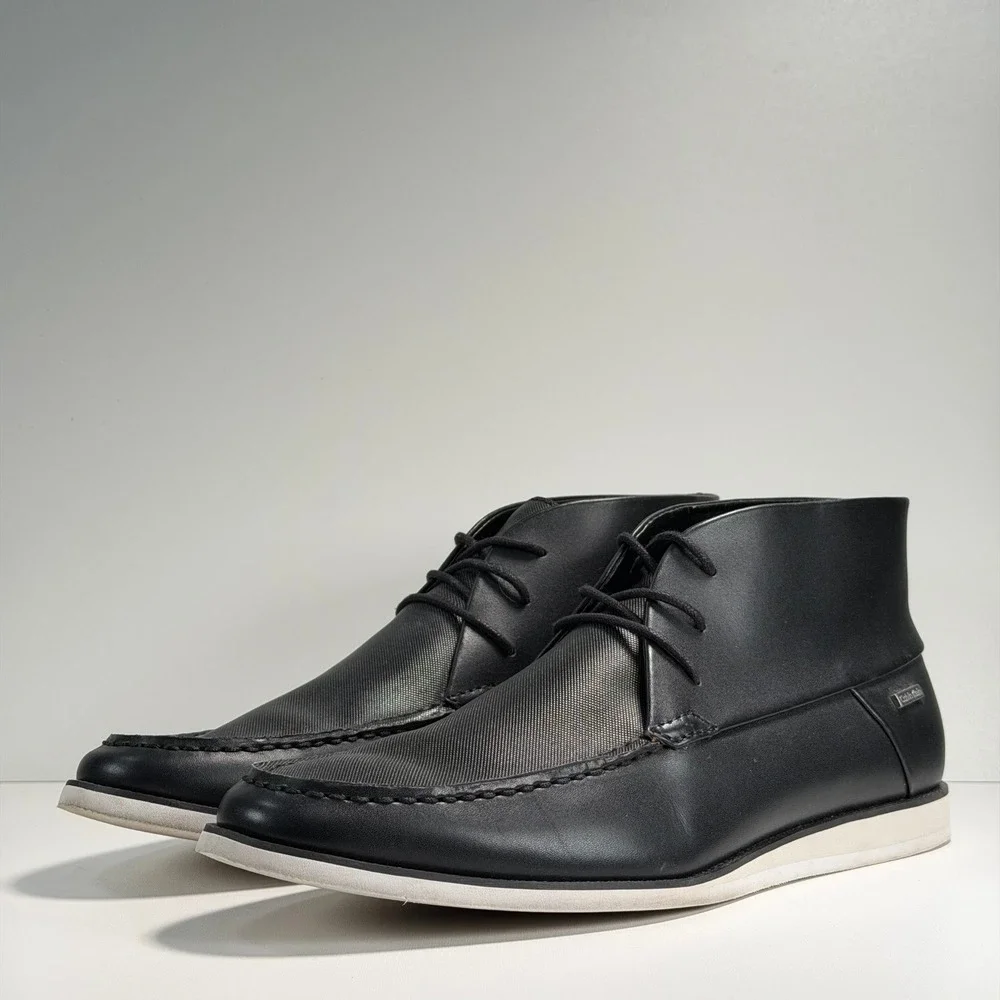 Calvin‎ Klein Kenley Chukka Boots Mens 10 Black Leather Lace Up Preppy Workwear